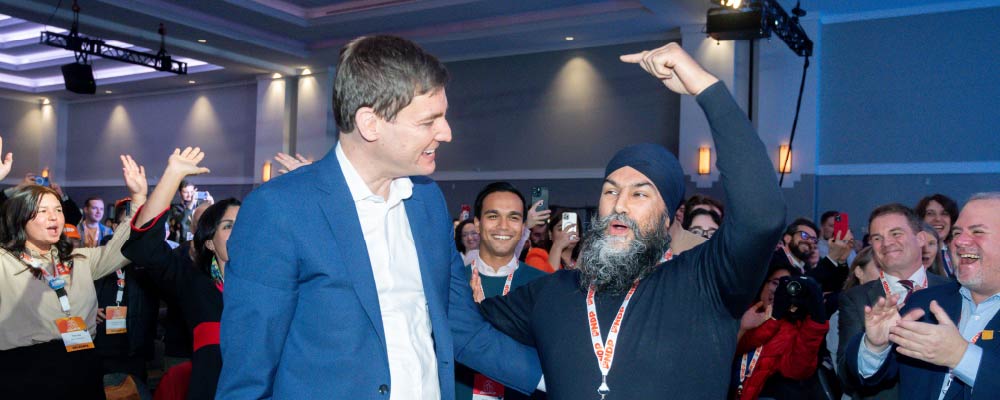 Premier David Eby and Jagmeet Singh at the BC NDP Convention