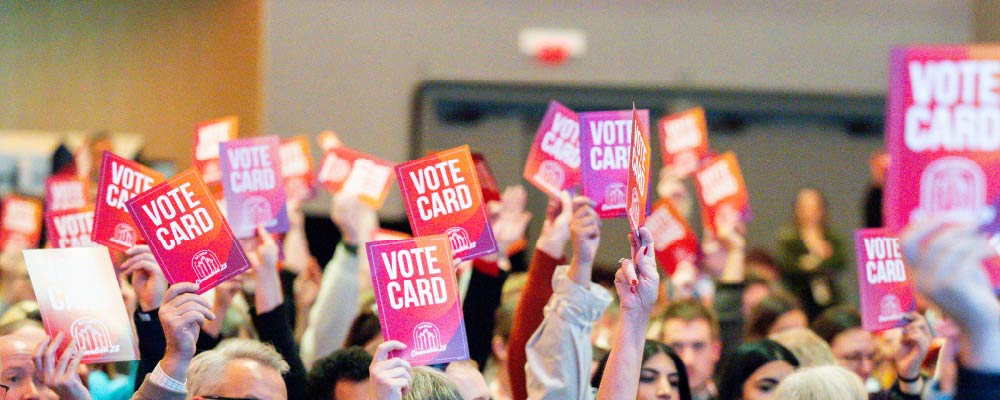 Delegates raise their vote cards at the BC NDP Convention