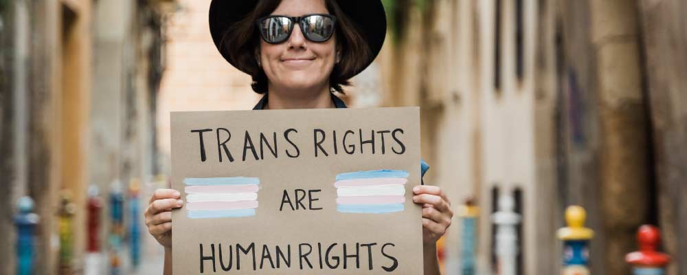 A person holds a homemade sign that says 'trans rights are human rights'