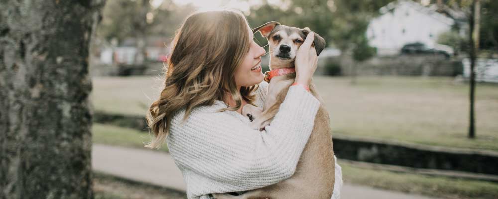 Woman holding a dog.